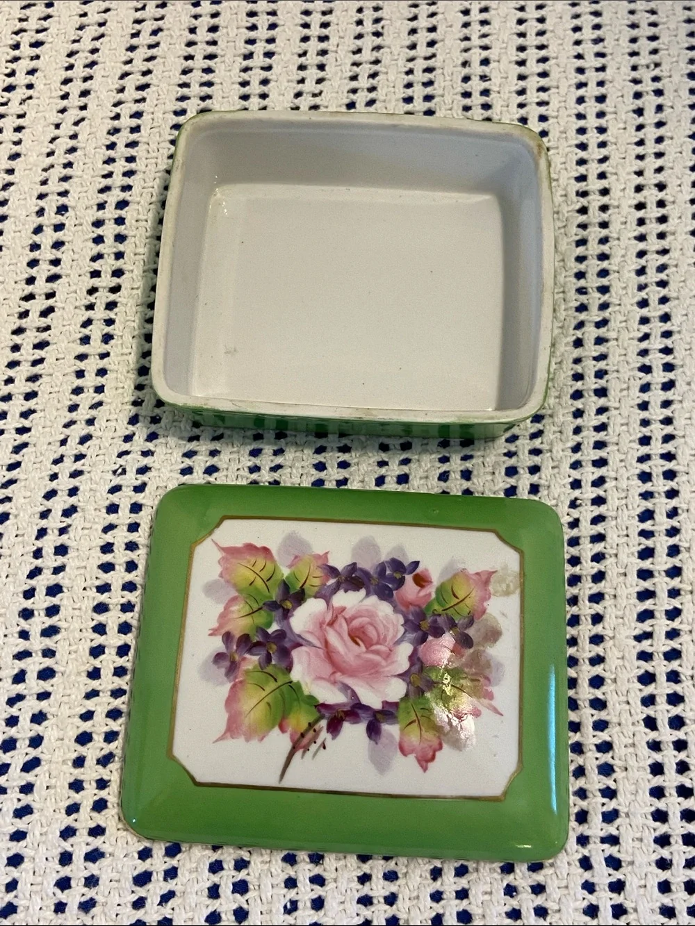 Handpainted Narco Imperial China from Japan Porcelain Green Floral Trinket Box